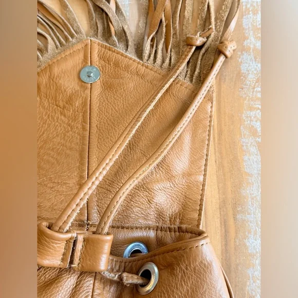 Genuine Leather Fringe Backpack Sling Bag Cognac Distressed  display picture 1